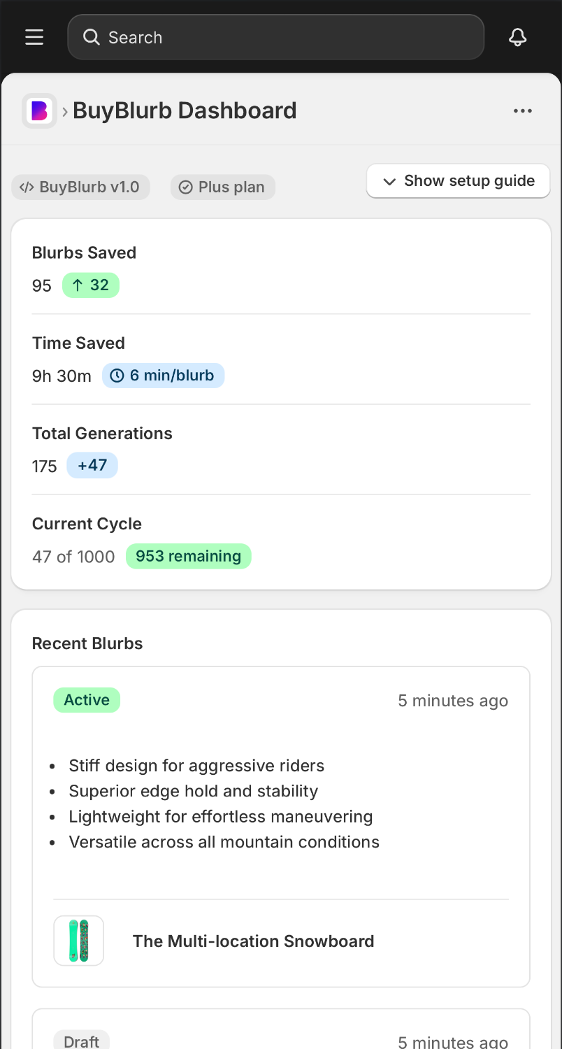 BuyBlurb dashboard - mobile view